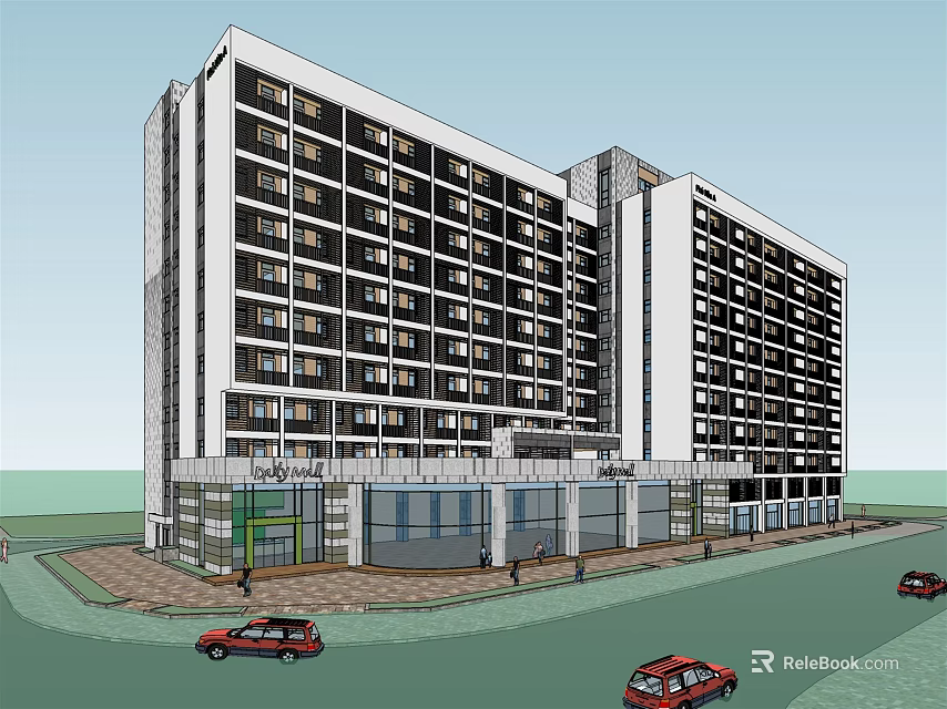 Modern Multi storey Hotel Building With Glass Facade Street View Cars And Pedestrians 3d model 