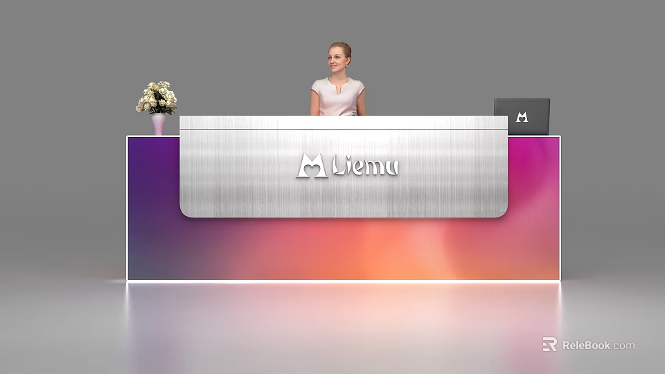 Modern Gradient Reception Desk With Menu Logo Laptop Flower Vase And LED Light 3d model 