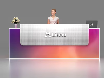 Modern Gradient Reception Desk With Menu Logo Laptop Flower Vase And LED Light 3d model