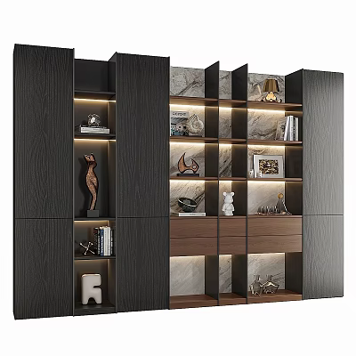 Modern Storage Cabinet Shelf With Wooden And Marble Design LED Lighting Decorative Sculptures Books Frames 3d model