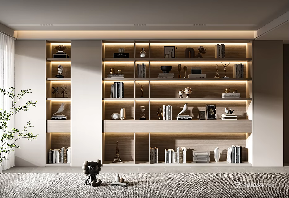 Modern Bookcase Interior Design With Layered Shelves LED Lighting And Decorative Items 3d model 