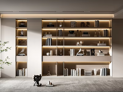 Modern Bookcase Interior Design With Layered Shelves LED Lighting And Decorative Items 3d model