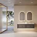 Modern Bathroom Vanity With Illuminated Double Mirrors And Dual Sink Countertop