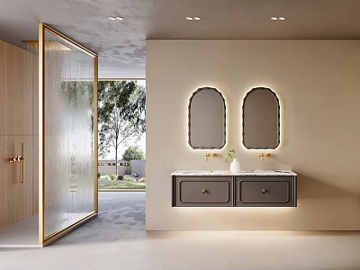 Modern Bathroom Vanity With Illuminated Double Mirrors And Dual Sink Countertop 3d model