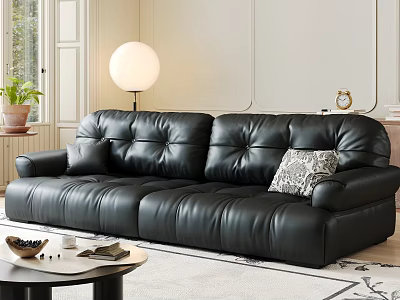 Modern Living Room Interior With Black Leather Sofa Round Floor Lamp Throw Pillows And Coffee Table 3d model