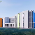 Modern School Building Design With Colorful Facade Large Glass Windows And Open Courtyard
