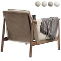 Modern Gray Accent Chair with Wooden Frame Striped Pillow and Fringed Blanket