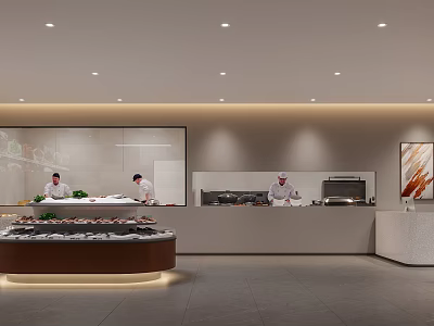 Modern Hotel Lobby Buffet Interior With Chefs Preparing Food And Dining Counters 3d model