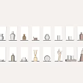 Minimalist Modern Decorative Ornament Combination with Vases Cups and Sculptures on White Shelves White Wall