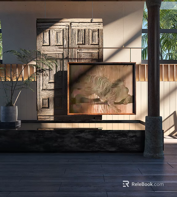 Warm Restaurant Interior With Wooden Door Tiger Painting And Potted Plant 3d model 