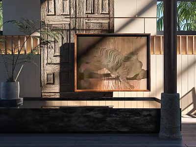 Warm Restaurant Interior With Wooden Door Tiger Painting And Potted Plant 3d model