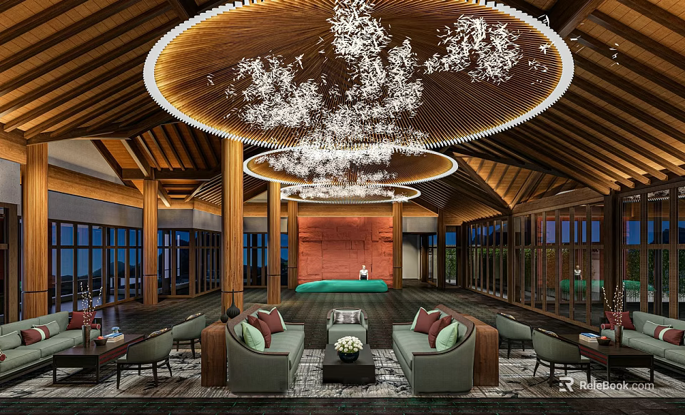 Luxurious Hotel Lobby With Hanging Chandeliers Wooden Ceiling And Comfortable Sofas 3d model 