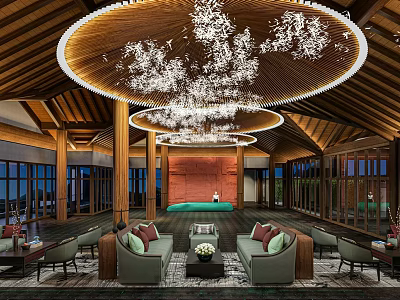 Luxurious Hotel Lobby With Hanging Chandeliers Wooden Ceiling And Comfortable Sofas 3d model