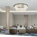 Modern Station Lobby With Large Floor to Ceiling Windows White Wooden Walls And Crystal Chandelier