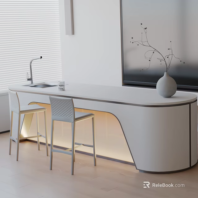 White Curved Dining Table With Bar Stools Sink Blinds TV And Vase In Modern Interior 3d model 