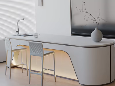 White Curved Dining Table With Bar Stools Sink Blinds TV And Vase In Modern Interior 3d model
