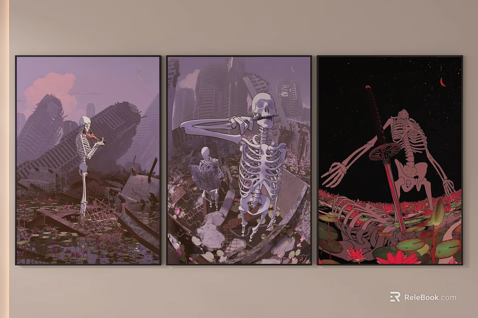 Three Panel Skeleton Artworks With Post Apocalyptic Ruins And Weapon Elements 3d model 