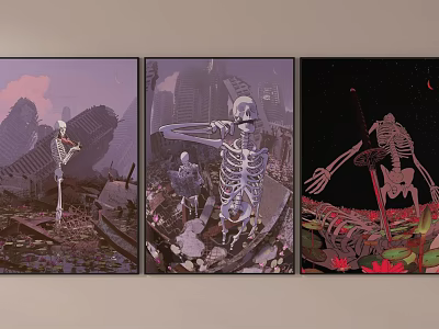 Three Panel Skeleton Artworks With Post Apocalyptic Ruins And Weapon Elements 3d model