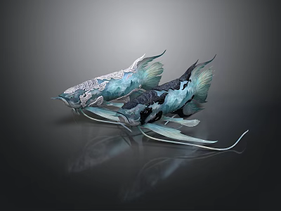 Two Colorful Fish With Blue Black White Patterns Elegant Fins Tails On Dark Reflective Background 3d model