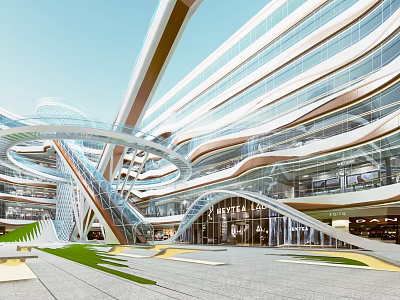 Modern Architectural Building Design With Glass Facade Streamlined Structure Green Lawn And Open Space 3d model
