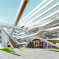 Modern Architectural Building Design With Glass Facade Streamlined Structure Green Lawn And Open Space
