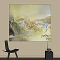 Abstract Oil Painting on Beige Wall with Black Chair and Potted Plant