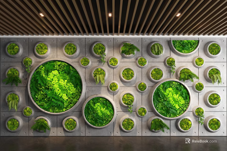 Living Plant Wall With Circular Design And Various Green Plants In Modern Interior 3d model 