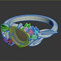 Gold Ring with Gray Center Gemstone Green and White Accents Leaf Shaped Design