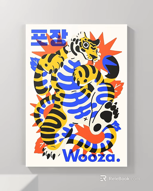Abstract Tiger Painting With Vibrant Yellow Blue Black Red Colors And Dynamic Leaf Burst Motifs 3d model 