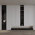 Modern Shoe Cabinet With White And Black Panels Open Shelves And Storage Space