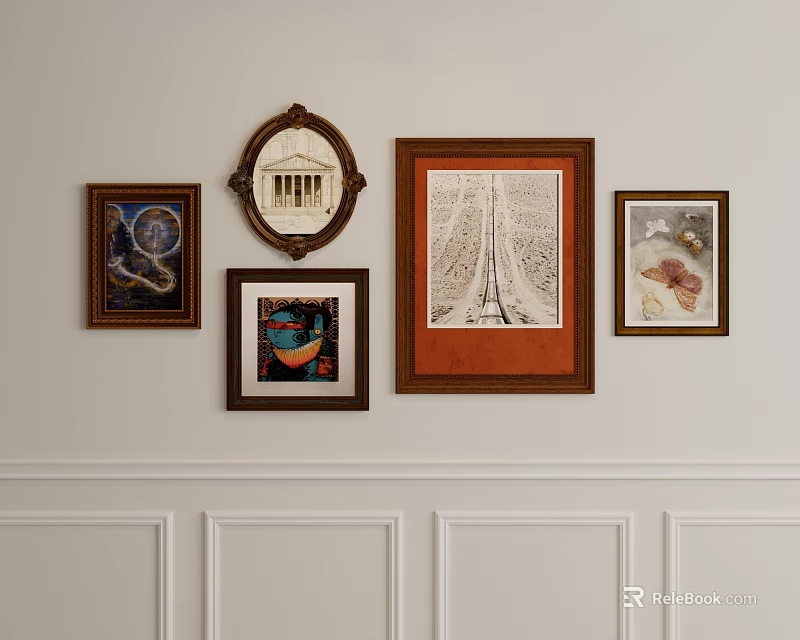 Gallery Wall Featuring Various Framed Artworks On White Decorative Wall 3d model