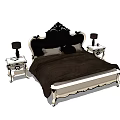 Elegant Double Bed With Carved Headboard Dark Bedding And Side Nightstands With Table Lamps