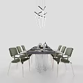 Modern Dining Table Set With Green Chairs Metal Legs And Hanging Light 3d model