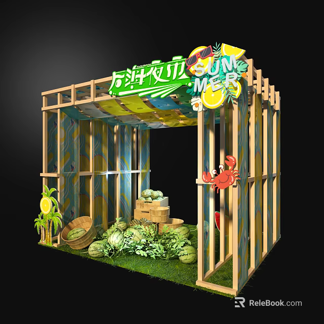 Jung Mart Farm Booth With Wooden Frame Fresh Fruits And Crab Decoration 3d model 