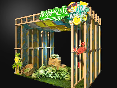 Jung Mart Farm Booth With Wooden Frame Fresh Fruits And Crab Decoration 3d model