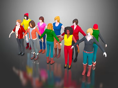 Group of 3D Character Models Wearing Colorful Outfits with Various Hairstyles and Poses 3d model