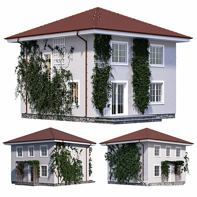 Attractive Detached House Exterior With White Walls Red Roof And Climbing Vines 3d model 