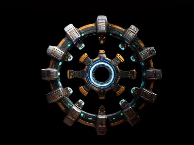 Futuristic Mechanical Circular Hanging Ornament With Blue Glowing Ring And Metallic Components 3d model