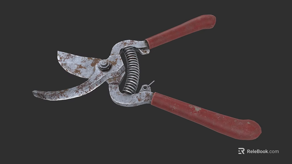 Rustic Garden Shears Hardware Tool With Red Handles And Spring Mechanism 3d model 