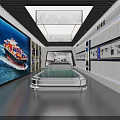 Modern Exploration Exhibition Hall with Blue Walls Digital Screens White Podiums Circular Ceiling Lights