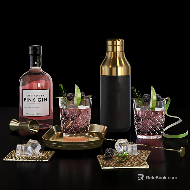 Elegant Pink Gin Bottle With Crafted Cocktail Glasses Ice Cubes And Fresh Berries 3d model 