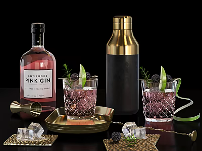Elegant Pink Gin Bottle With Crafted Cocktail Glasses Ice Cubes And Fresh Berries 3d model