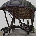 Natural Wooden Pavilion With Curved Tree like Pillars And Stone Bench Seats On Gravel Ground