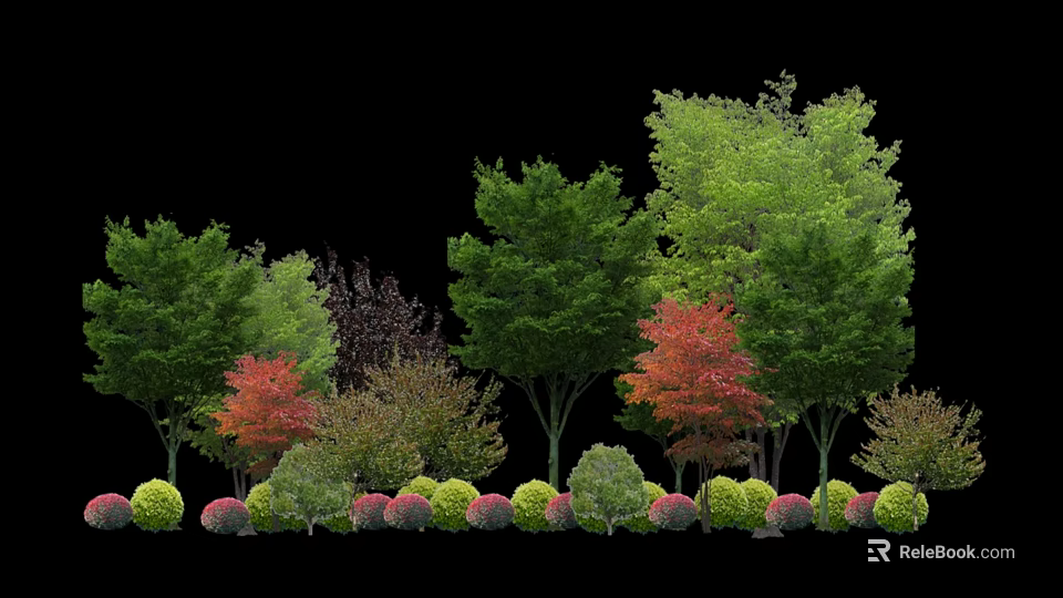 Various Arbor Tree Species With Green Red Foliage in Landscaping Design 3d model 