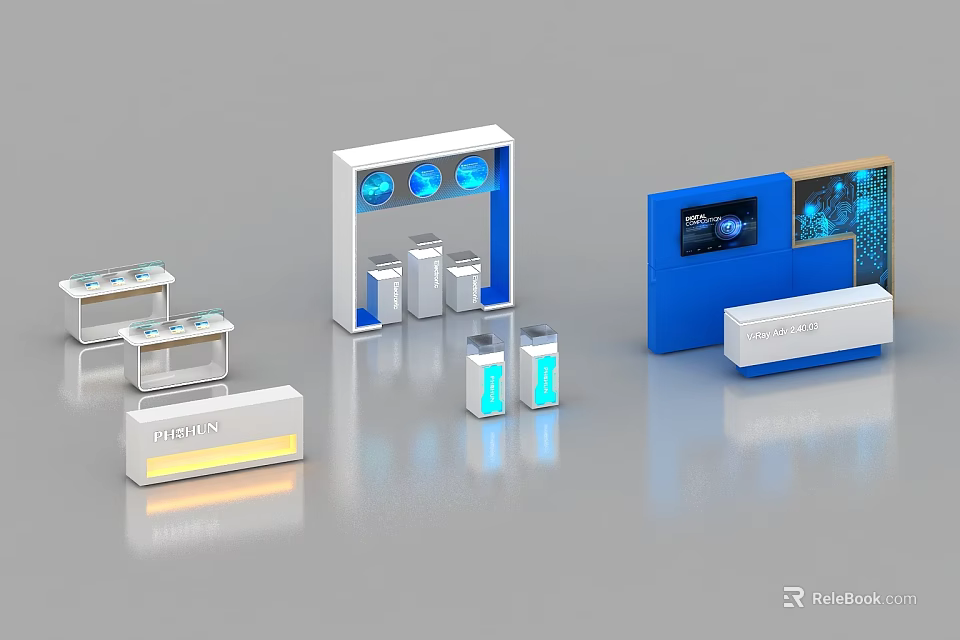 Modern White and Blue Display Shelves With LED Lighting and Product Bottles 3d model 