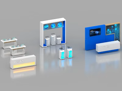 Modern White and Blue Display Shelves With LED Lighting and Product Bottles 3d model