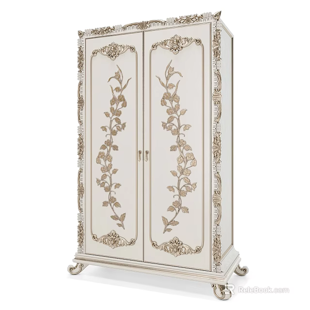 Vintage Carved Double Door Wardrobe With Light Colored Finish And Floral Motifs 3d model 