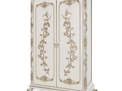 Vintage Carved Double Door Wardrobe With Light Colored Finish And Floral Motifs 3d model