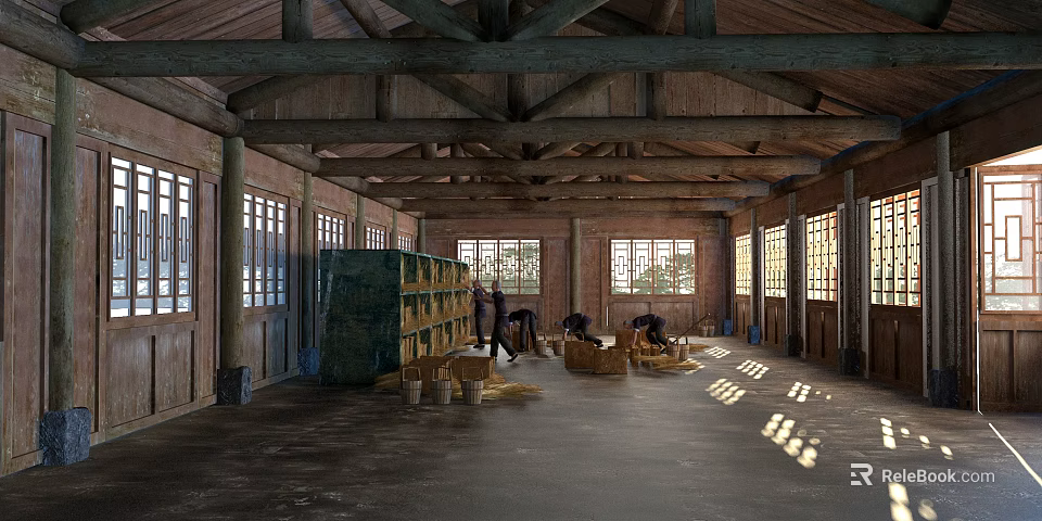 Wooden Swing Door In Rustic Barn Interior With Large Windows And Beams 3d model