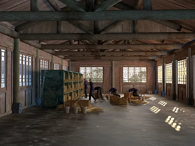 Wooden Swing Door In Rustic Barn Interior With Large Windows And Beams 3d model